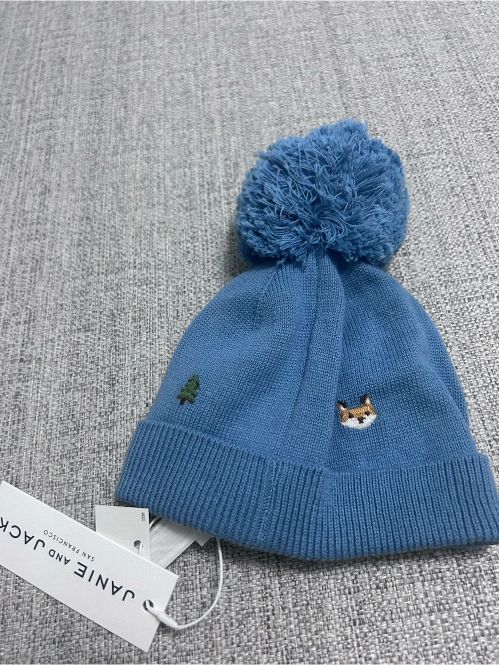 Janie and Jack Dusty Blue Pom-Pom Knit Beanie Embroidery NWT. SIZE 0-3M